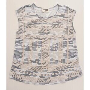 Savanna Jane Gray Camo Jersey T Shirt Cream Embroidery Cap Sleeeves Sz S